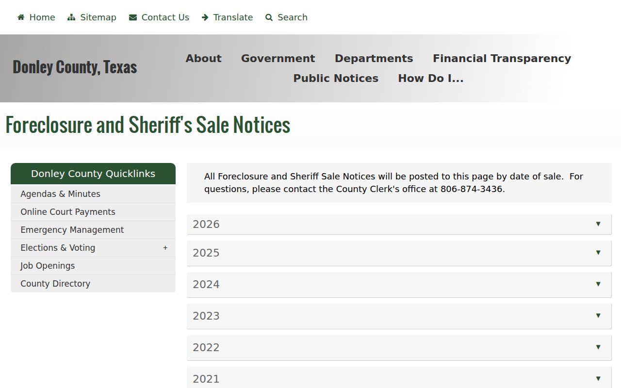 Donley County civil docket related foreclosure sale notice index