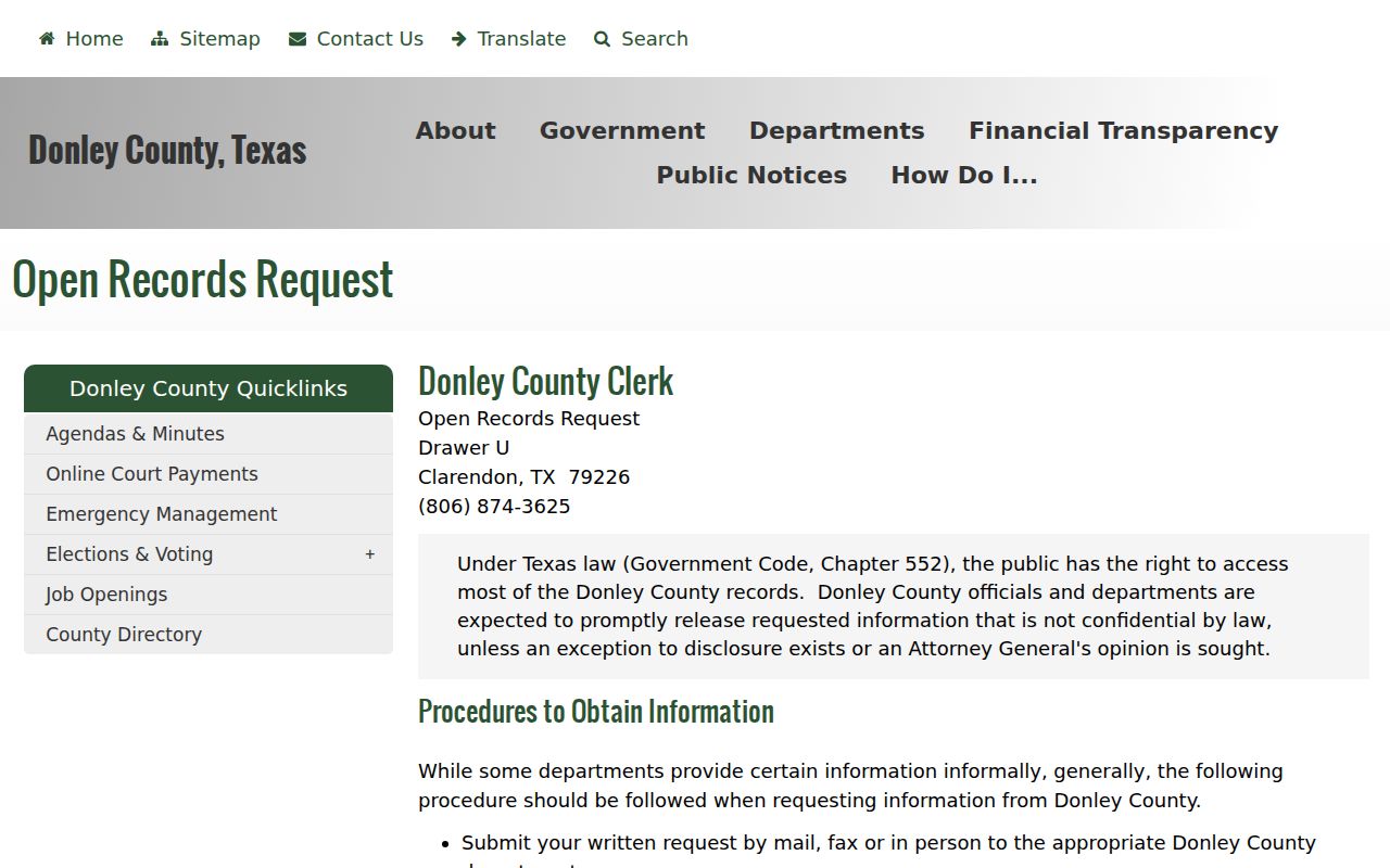 Donley County written open-records request instructions