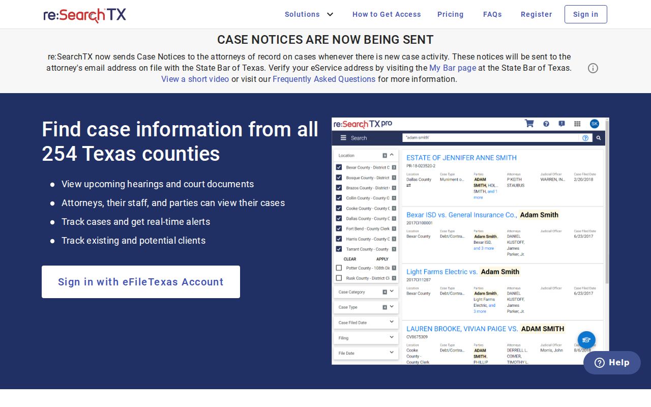 re:SearchTX electronic court-record access screen