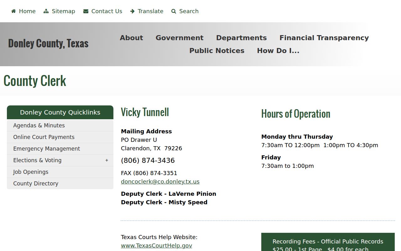 Donley County court docket County Clerk contact page